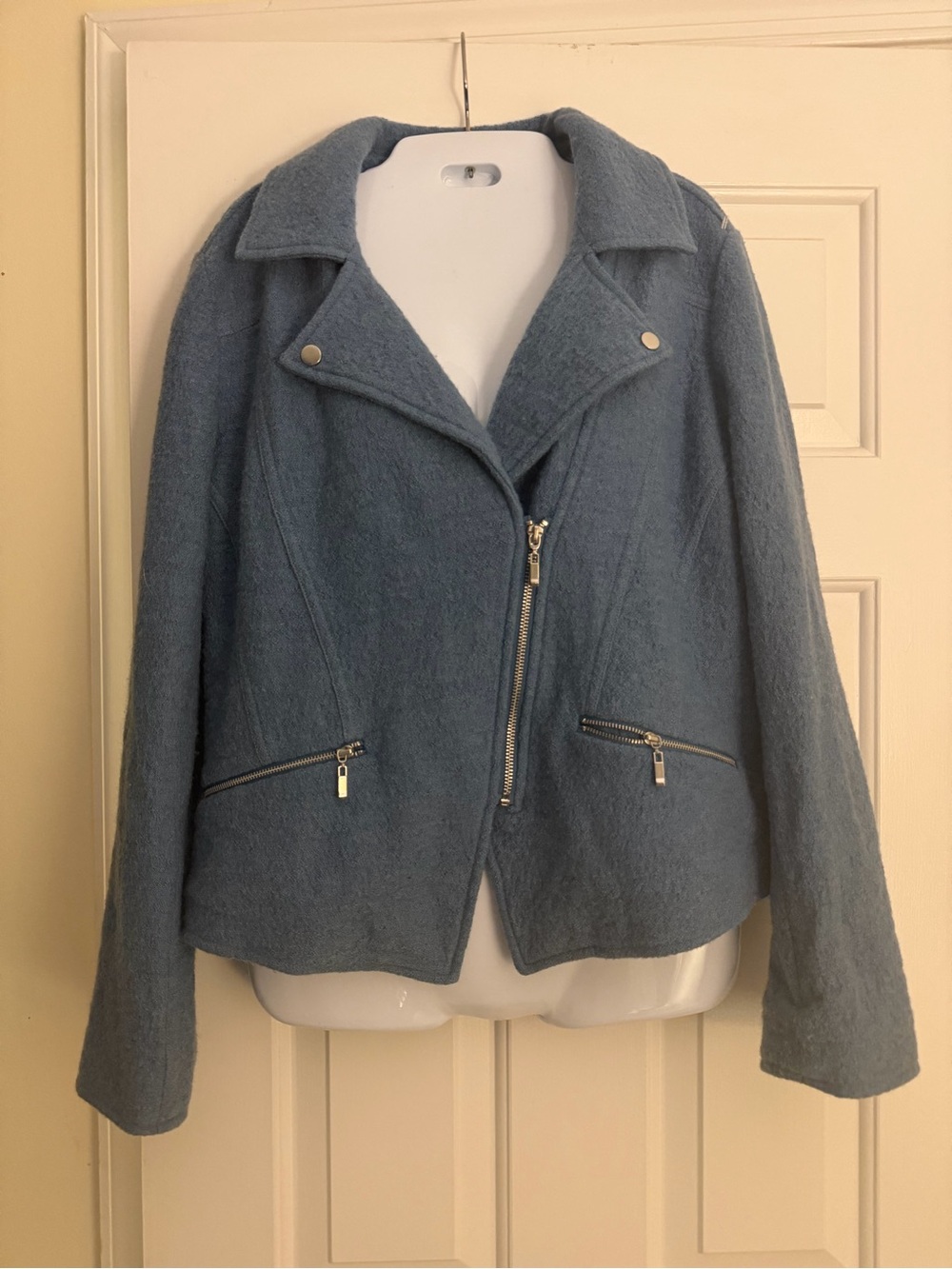 Chico’s Wool Moto Jacket L 2 Blue Double Breasted Zip Front Wool Coat